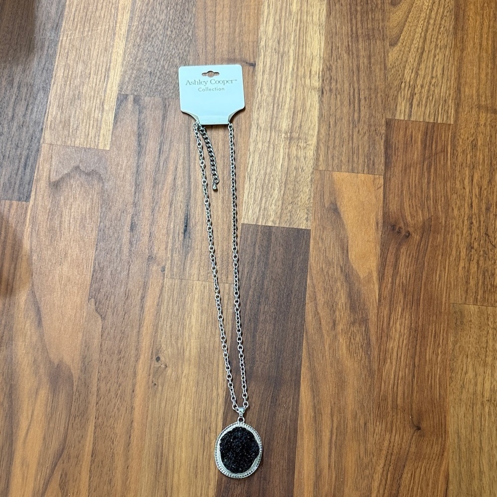 NWT Ashley Cooper Silver Tone Black Druzy Rock Geode Pendant Art Deco Necklace